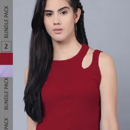 Boleem Pack Of 2 Round Neck Cut Out Detail Fitted Top-image-25