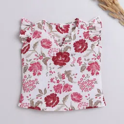 The Magic Wand Girls V Neck Floral Print Flutter Sleeve Cotton Top-image-7