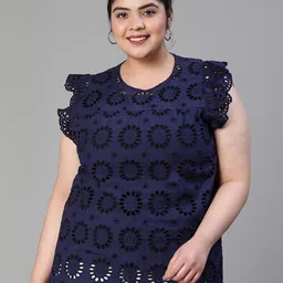 Oxolloxo Plus Size Self Design Sleeveess Schiffli Pure Cotton Top-26