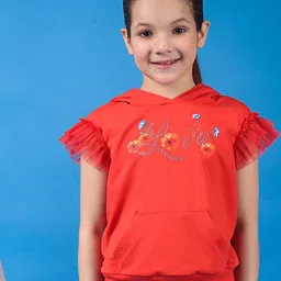 One Friday Girls Cotton Hooded Neckline Top With Placement Print-image-88