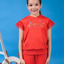 One Friday Girls Cotton Hooded Neckline Top With Placement Print-image-85