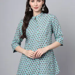 KALINI Women Floral Printed Mandarin Collar Roll-Up Sleeves Cotton Top-picture-51