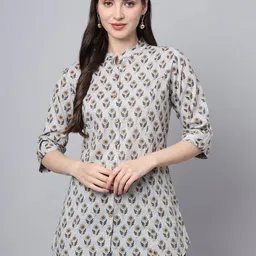 KALINI Women Floral Printed Mandarin Collar Roll-Up Sleeves Cotton Top-picture-51