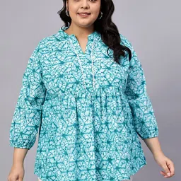 Indietoga Plus Size Cotton Printed Mandarin Collar Puff Sleeve Top-picture-20
