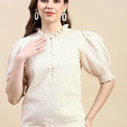 De Moza Floral Print Tie-Up Neck Puff Sleeve Cotton Top-image-53