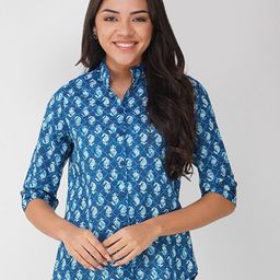 Vastraa Fusion Ethnic Motifs Printed Mandarin Collar Cotton Shirt Style Top-image-72