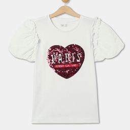 R&B Typography Printed Short Flared Sleeves Sequined Cotton Top-picture-8