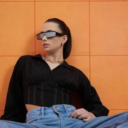 STREET 9 Black Shirt Collar Cuffed Sleeves Pure Cotton Crop Empire Top-picture-18