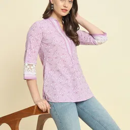 KBZ Floral Print Mandarin Collar Roll-Up Sleeves Cotton Top image 1