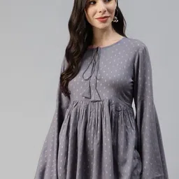 KALINI Ethnic Motifs Printed Tie-Up Neck Flared Sleeves Gathered Cotton A-Line Top-image-5