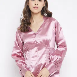 Bitterlime Pink Solid Mandarin Collar Satin Top-picture-7