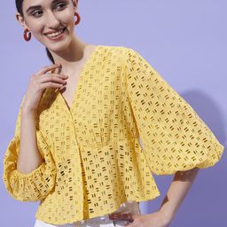 Athena Schiffli Self Design V-Neck Puff Sleeves Empire Top-image-85