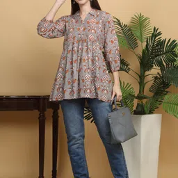 KALINI Floral Print Mandarin Collar Cotton Empire Top-image-21