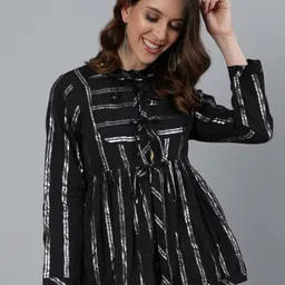 Ishin Black & Silver-Toned Striped Shimmer Tie-Up Neck Monochrome A-Line Top-image-8