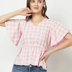 Crimsoune Club Checked Flared Sleeves Cinched Waist Top-image-27