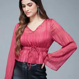 20Dresses Striped V-Neck Flared Sleeves Waist Tie-Up Cinched Waist Top-picture-38