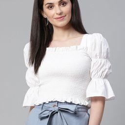 STREET 9 White Smocked Fitted Pure Cotton Top-picture-29