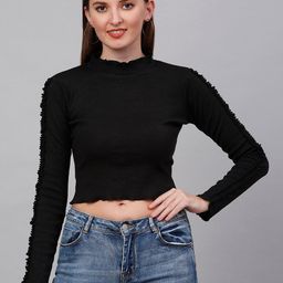 NEUDIS Women Black Solid Ruffles Crop Top-image-8
