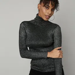SHOWOFF Self Design High Neck Bling & Sparkly Acrylic Fitted Top-image-60