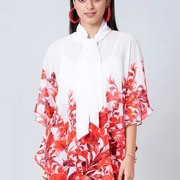 First Resort by Ramola Bachchan Pink Floral Printed Tie-Up Neck Georgette Kaftan Top-image-22