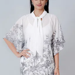 First Resort by Ramola Bachchan Women Grey Floral Print Tie-Up Neck Georgette Longline Top-image-63