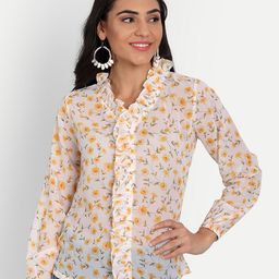 Masakali Co Women Cream & Yellow Floral Print Georgette Shirt Style Top-picture-5