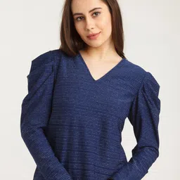 Zink London Horizontal Striped V-Neck Puff Sleeve Top-image-42