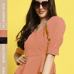 Fabflee Pack of 2 V-Neck Puff Sleeves Peplum Top-image-75