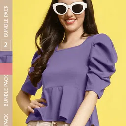 Fabflee Pack Of 2 Square Neck Puff Sleeves Peplum Top-image-45