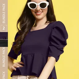 Fabflee Pack of 2 Square Neck Puff Sleeves Peplum Top-image-41