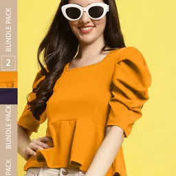 Fabflee Pack Of 2 Square Neck Ruched Sleeves Peplum Top-image-42