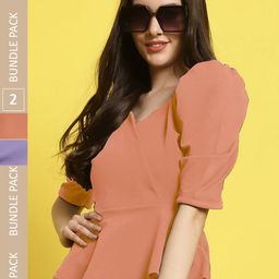 Fabflee Pack Of 2 V-Neck Puff Sleeves Peplum Top-image-86