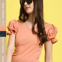 Fabflee Pack Of 2 V-Neck Puff Sleeves Regular Top-image-100