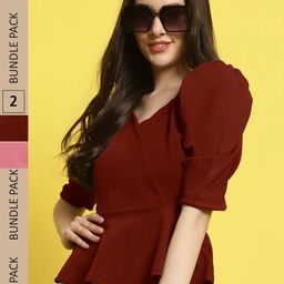 Fabflee Pack Of 2 Square Neck Puff Sleeves Peplum Top-image-87