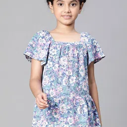 Oxolloxo Girls Floral Printed Flared Sleeves Pleated Detail Top-image-81