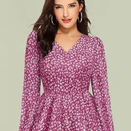 TOOCHKI Floral Printed V-Neck Puff Sleeve Peplum Top-picture-26