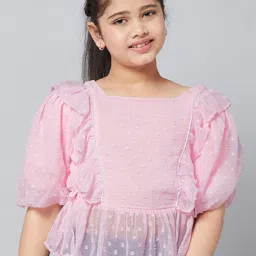Stylo Bug Girls Puff Sleeve Ruffles Chiffon Semi Sheer Peplum Top-image-75
