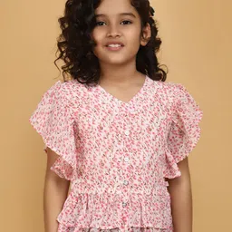 V-Mart Girls Floral Printed V-Neck Flutter Sleeve Layered Cotton Peplum Top-picture-31