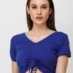 BAESD Women V-Neck Short Sleeves Ruched Fitted Crop Top With Tie-Ups-image-96