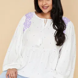 max Plus Size Geometric Embroidered Tie-Up Neck Puff Sleeve Top-8