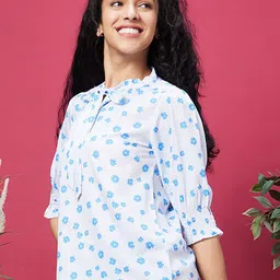 Globus White Floral Printed Tie-Up Neck Puffed Sleeves Top-image-25