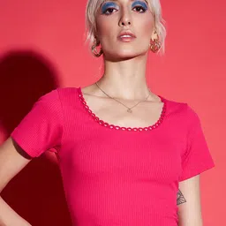SASSAFRAS Magenta Pink Self Design Rib Crop Top-image-58