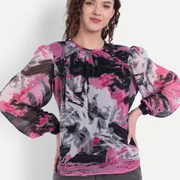 MINGLAY Pink & Black Abstract Print Bishop Sleeves Chiffon Top-picture-19
