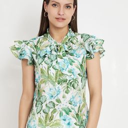 CHARMGAL Floral Print Tie-Up Neck Flutter Sleeve Regular Top-picture-4