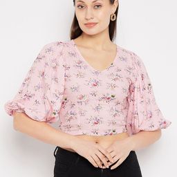 Hypernation Floral Printed Puff Sleeve Fitted Crop Top-image-28