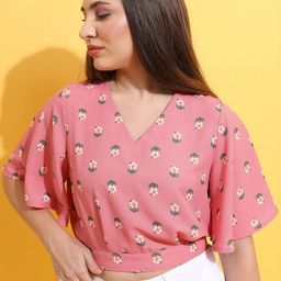 Vishudh Pink Floral Printed Flared V-Neck Sleeve Blouson Crop Top-image-27