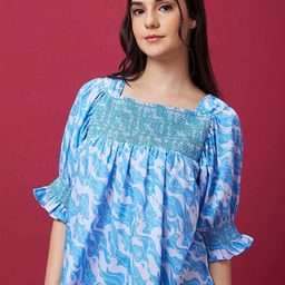 Globus Blue Abstract Printed Square Neck Puff Sleeve Smocking Top-24