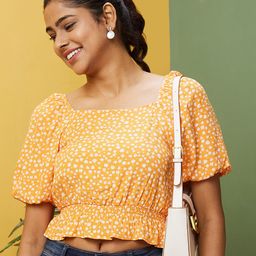 Globus Orange Floral Printed Square Neck Puff Sleeve Smocked Crop Top-image-11