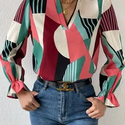 Geometric Printed V-Neck Puff Sleeve Top-16