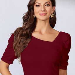 Dream Beauty Fashion Asymmetric Neck Puff Sleeves Top-image-5